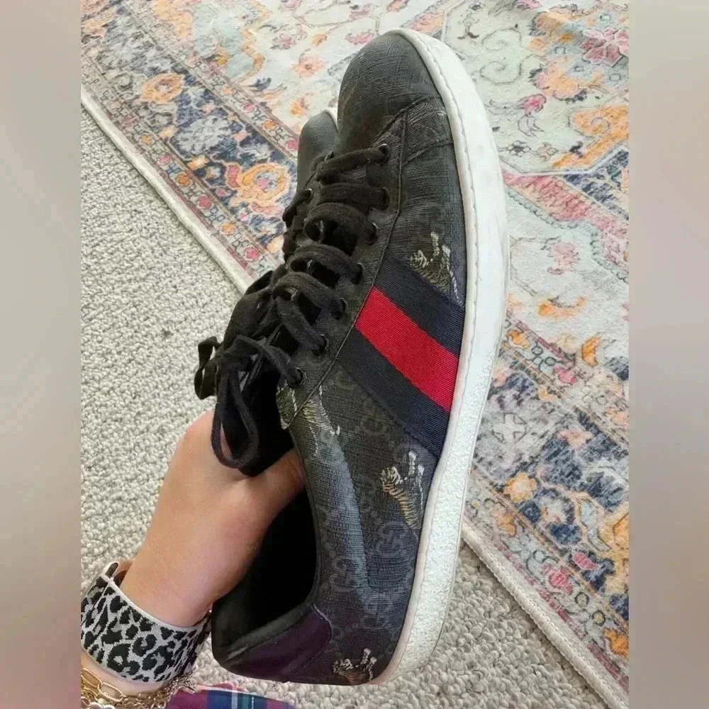 GUCCI Ace Web GG Supreme Monogram Tiger Canvas Gray Leather 9.5 US Or 43 EUR - Picture 7 of 7